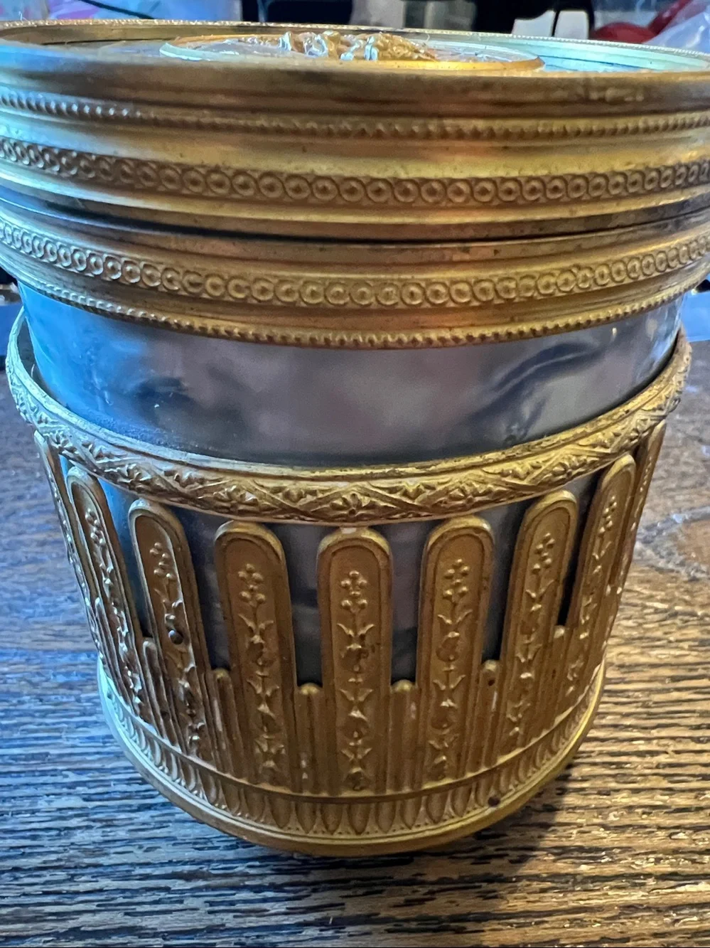 Antique French footed Round Gilt Powder Box Mirror music box guilloché enamel